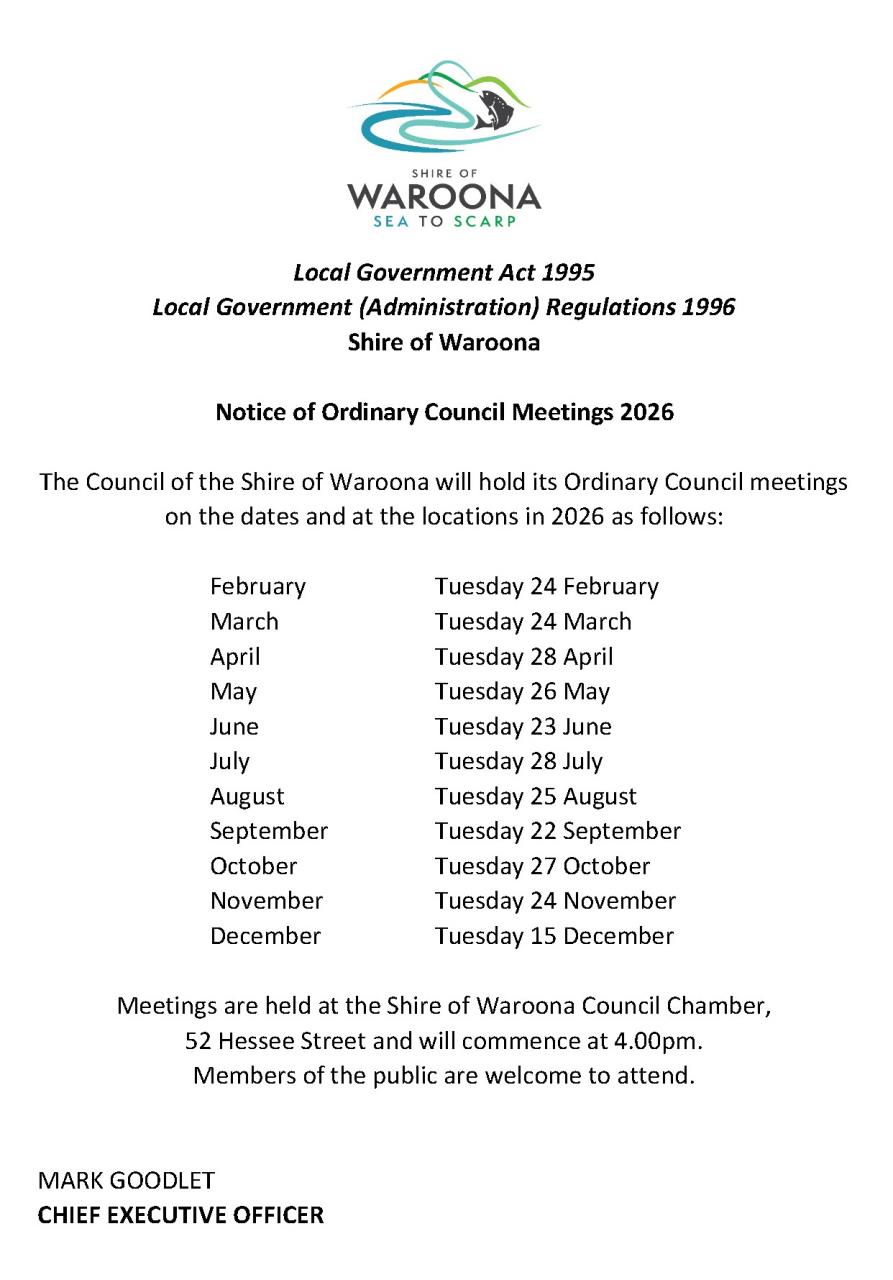 Public Notice - 2026 Ordinary Council Meeting Dates